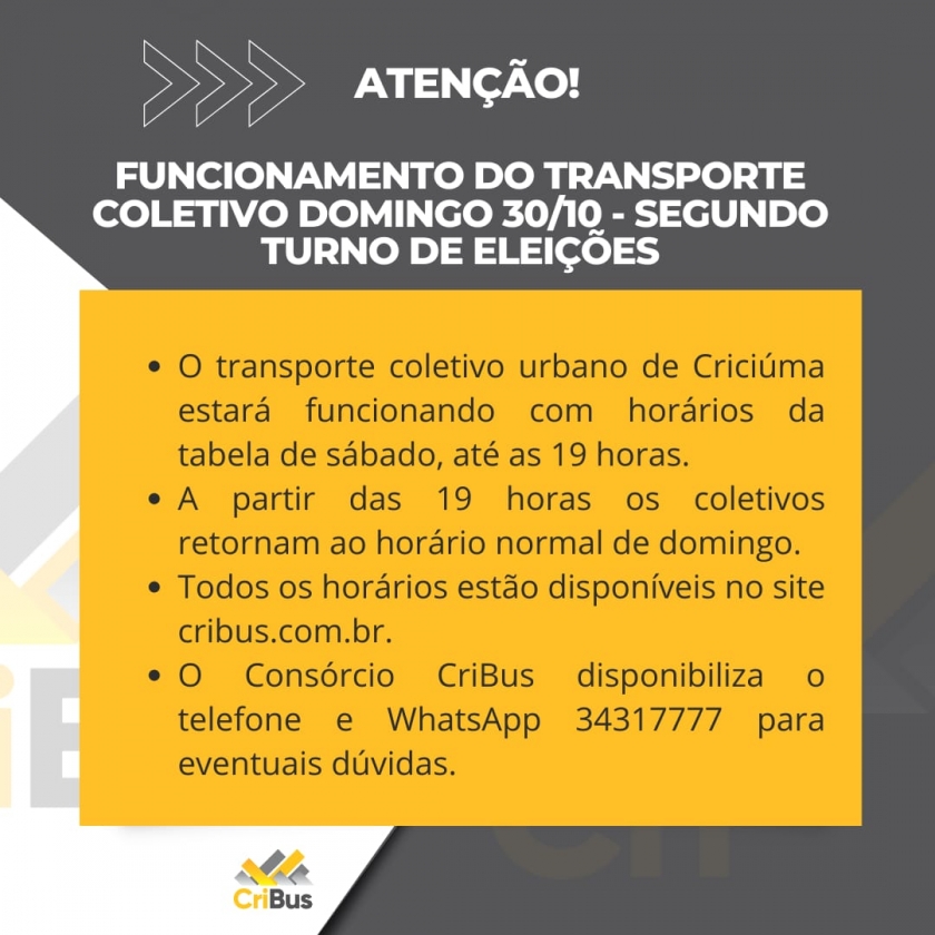 Atenção para o funcionamento do transporte coletivo domingo 30/10 - segundo turno de eleições