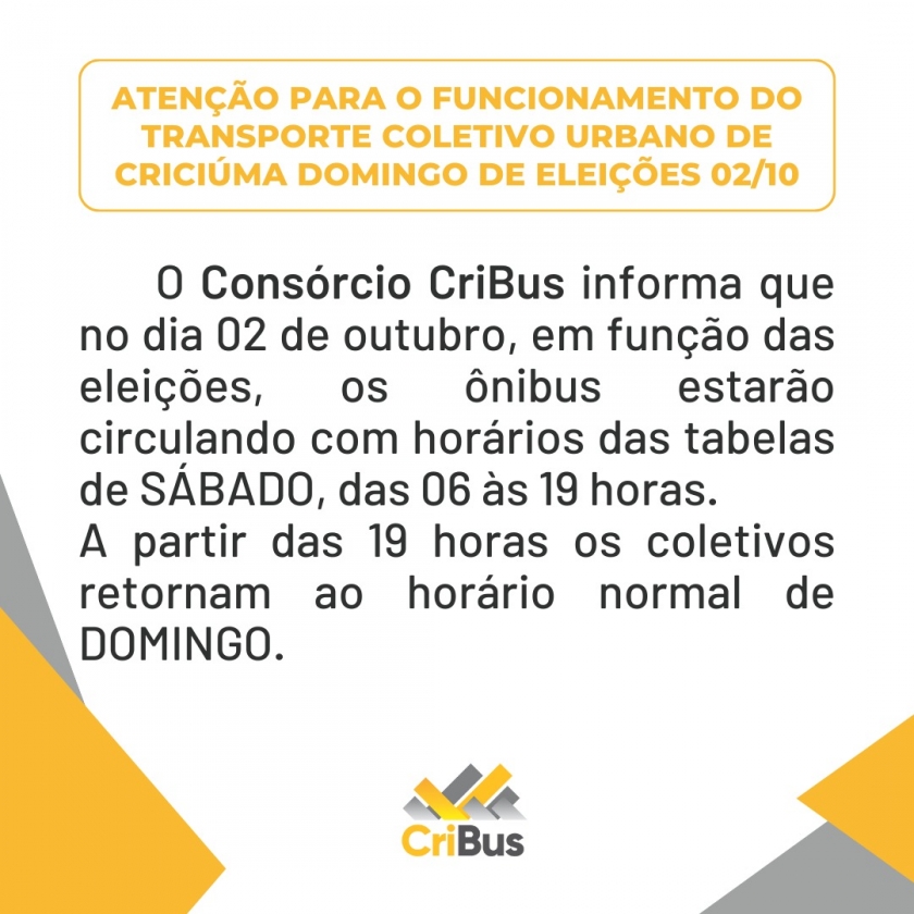 Atenção para o funcionamento do Transporte Coletivo Urbano de Criciúma domingo de eleições 02/10