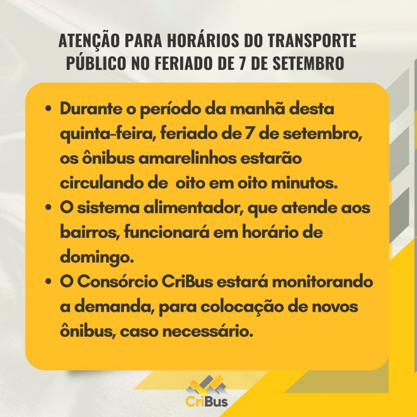 Cribus informa esquema de ônibus para feriado de Sete de Setembro